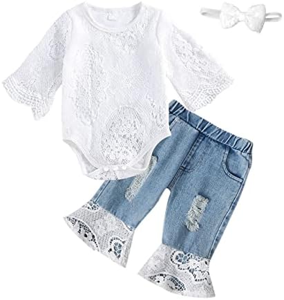 Korames Baby Girl Dire Set Clash Ruffle Romper Flare Traper Jean pantalone i trake za glavu 3pcs Postavi set novorođenčadi