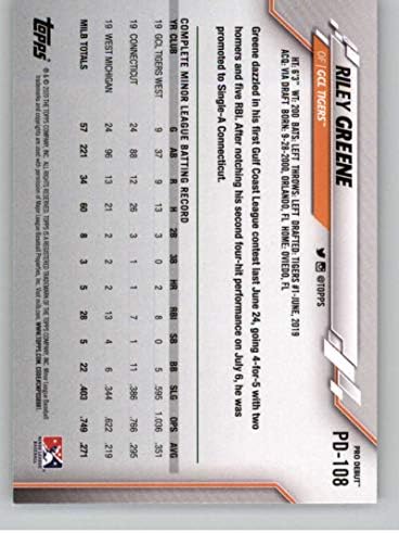 2020 TOPPS PRO dezna PD-108 Riley Greene RC Rookie GCL Tigers Baseball Trgovačka kartica