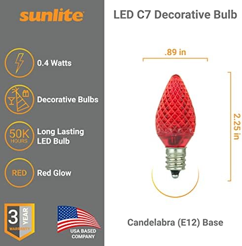Sunlite 80702 LED C7 Holiday dekorativna sijalica, 0,4 Vata, E12 kandelabra baza, fasetirana Božićna svjetla; noćno svjetlo, crveno