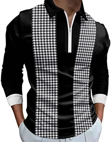 Wocachi Muške 1/4 Zip Up Polo majice, Jesen Zimski dugi rukav Houndstooth Patchwork Street Golf Tops casual mišićne majice