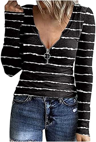 Ženska modna rebrasta pletena pulover TOP seksi napola zip džemper s V-izrezom Dye print tanki tunika dugih rukava
