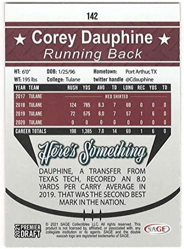 Corey Dauphine RC 2021 Sage Hit Premier Nacrt Silver 142 Rookie NM + -MT + Fudbal paralelna verzija