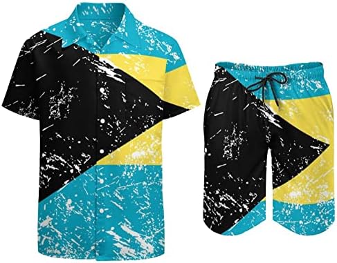Retro bahami zastava za muškarce 2 komada Havajski set Dugme-down Majice kratkih rukava hlače na plaži Labavi fit tees trenerke