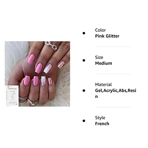 Srednja presa na noktima sa dizajnom Coffin Glitter šljokice oblik Nude Pink lažni nokti sa ljepilom na noktima, akrilni nokti pritisnite,