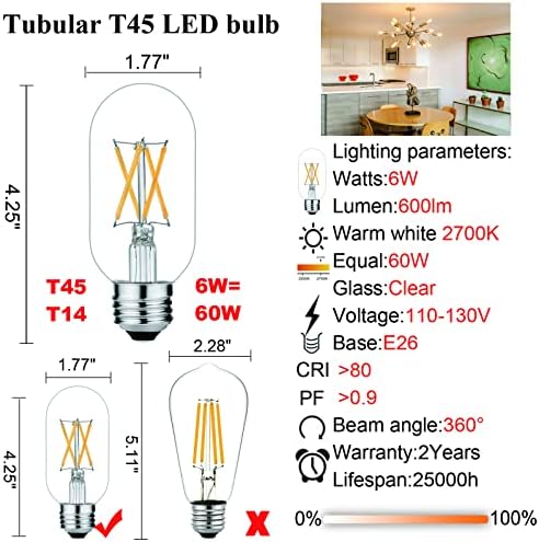 LiteHistory paket T6 T25 E12 sijalica sa Kandelabrom 60 W i E26 LED sijalica 6w=60W zatamnjiva toplo Bijela 2700k AC120V 600lm cevasta