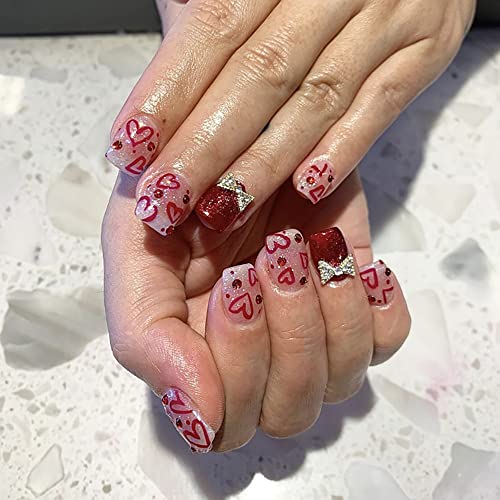 24kom Valentinovo Press na noktima kratka dužina kvadrat crveno srce lažni nokti sa Bowknot Rhinestone Exquisite Glitter Designs Full