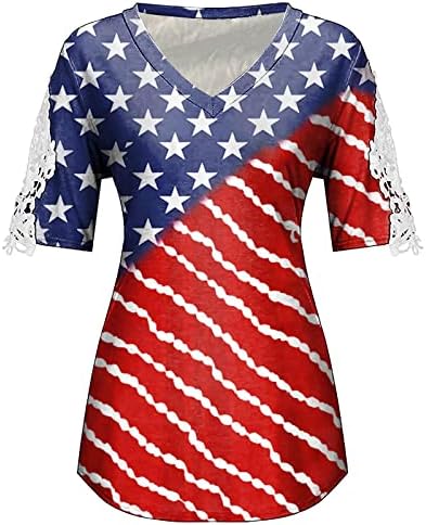 Ženska Dan nezavisnosti V izrez T majica Američka zastava Ispis Kratki rukav kauzalan ljetni čipkasti tee vrhovi