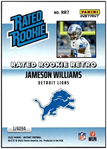 Jameson Williams RC 2022 Panini Instant ocijenjeni Rookie Retro / 991 RR7 NM + -MT + NFL Fudbalski lavovi