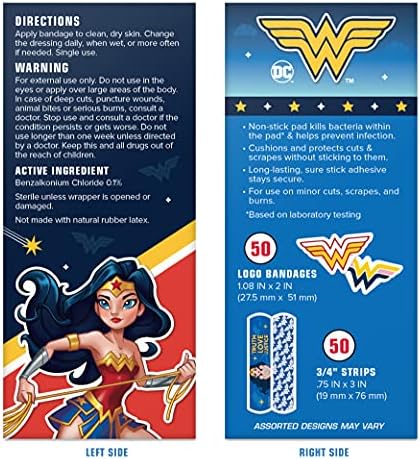 Wonder Woman Dječiji zavoji, 100 ct | nošenje poput naljepnica, ljepljivi antibakterijski zavoji za manje posjekotine, ogrebotine,