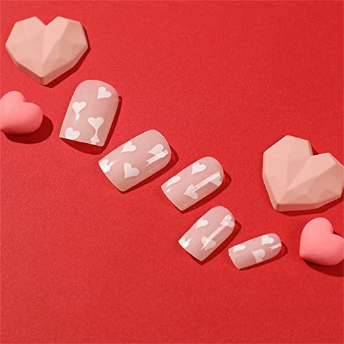 24kom bijelo srce Valentinovo lažni nokat pun poklopac kvadrat kratka presa na noktima sa ljepilom za žene i djevojke Nail Art manikir