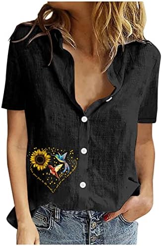 Ženska ljetna bluza košulja udobna pamučna posteljina majica kratkih rukava Ležerne prilike labave fit ovratnike