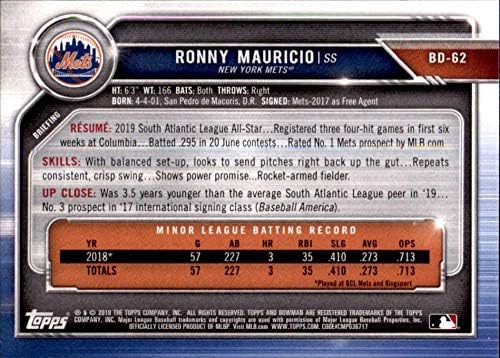 2019 Bowman nacrt papira Baseball BD-62 Ronny Mauricio New York metila je službena MLB prospekt trgovačka kartica iz kompanije Topps