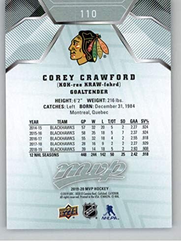 2019-20 Gornja paluba MVP # 110 Corey Crawford Chicago Blackhawks NHL hokejaška trgovačka kartica
