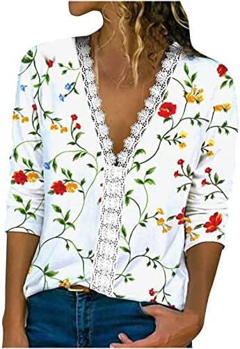 Žene elegantne bluze s dugim rukavima Dressy V izrez čipke TRIM TUNIC TURS CASE CALESTE KORIŠTENJE Modna tiskana majica