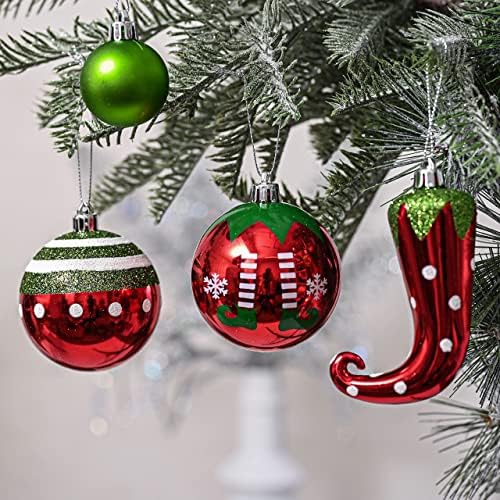 Valery Madelyn Delightful Elf Red Green Bijeli božićni ukrasi Bundle | Kuglični ukrasi 70CT + 48 inčni suknja za božićnu drvvu + 23 inčne božićne čarape