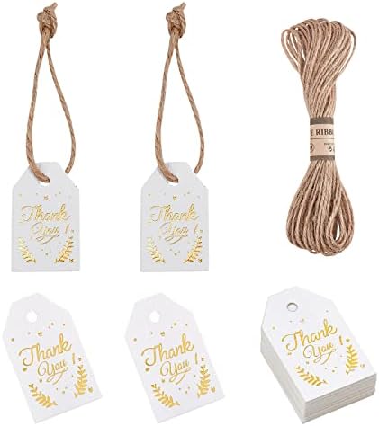 GLOBLELAND 200pcs Thank You Gift Tags with 32.8 ft prirodni Jute Cord Gold Folija riječ Kraft Paper Tags viseće papirne etikete za