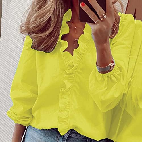 Plus size Tops for Women, Solid T Casual Top Sleeve Dressy Print Summer Ruffle Neck Womens Long Shirt V Women Shirts