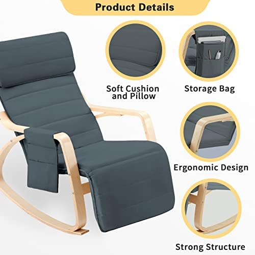 Jomeed stolica za ljuljanje, fotelja za ljuljanje sa podstavljenim sjedištem od tkanine,drvena na bazi, podesivi oslonac za noge za