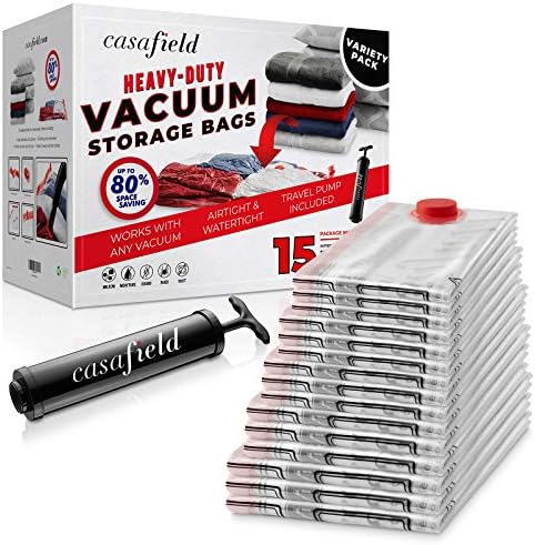 CasaField 15 Vakuumske vrećice - Sorta pakovanje sa pumpom za ručnu pumpu - Šeštenje kompresijskih vreća za odjeću, deke, kombinezore