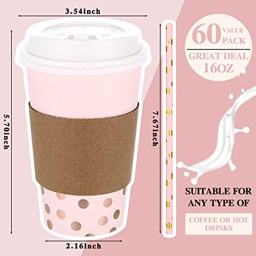 240 komada ružičasta i zlatna zabava 60 set 16 oz ružičasto zlatni točkica za kafu čaše za kafu s poklopcem, ružičaste slamke i čaše