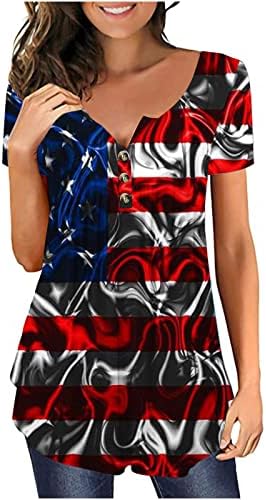 4. jula vrhovi za žene 2023, tromjesečni gumb dolje bluza Dressy Casual Holiday Henleyji košulja USA zastava tiskane tee