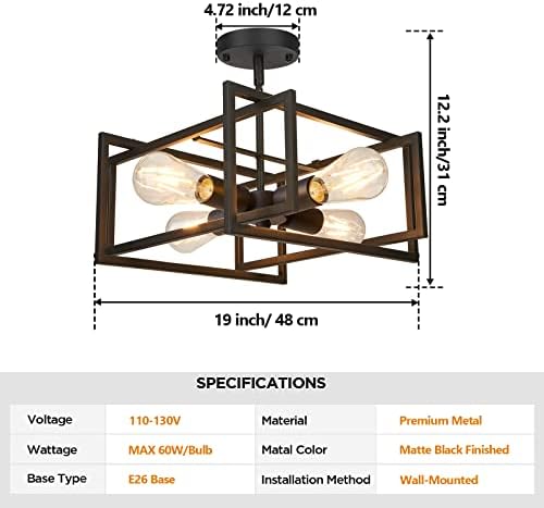 FadimiKoo Industrijski 4-svjetlo polu Flush Mount Kuhinjski stropni rasvjetni uređaj, seoska kuća metalna crna blizu stropnih rasvjetnih
