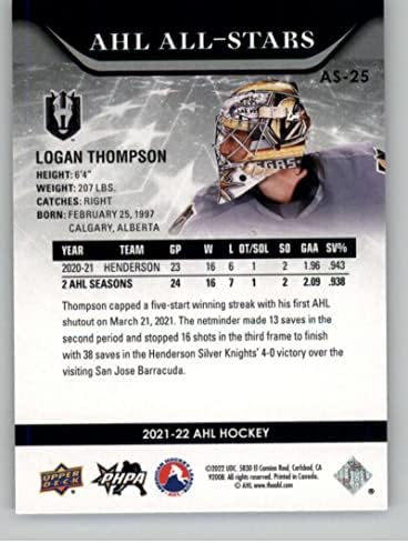 2021-22 Gornja paluba Ahl All-Stars AS-25 Logan Thompson Rc Rookie Henderson Silver Knights Hokej trgovačko karta