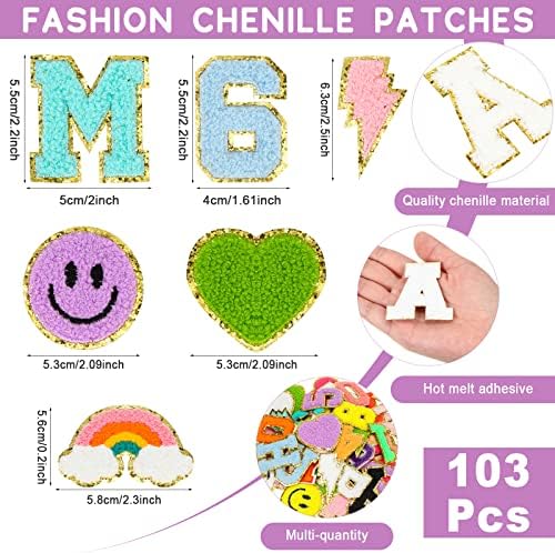 103 PC Chenille Patches Gvožđe na pismu Chenille Emneidered Abeceda Broj Glitter Chenille Početne mrlje Šareno osmijeh Lice srce Šive