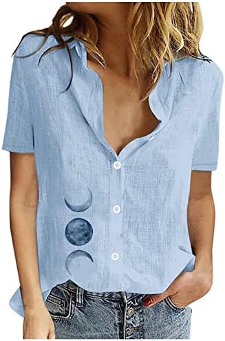 Pamučne posteljine za žene modni mjesec i sunčeve grafičke kratkih rukava tunika TEES casual rever gumb dolje osnovna majica